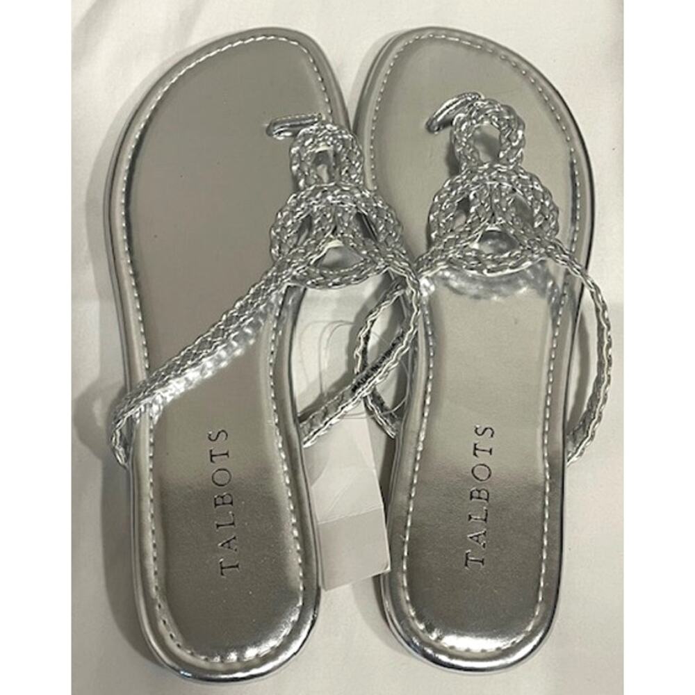 NWT Talbots Cece Thong Sandals Size 7 Womens Silver Slip On Braided Metallic - Picture 2 of 9